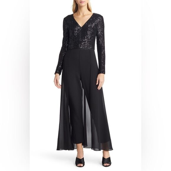 Eliza J Black Sequin Bodice Long Sleeve V-Neck Overlay Jumpsuit Size 4 $ 198.00 - Picture 1 of 4